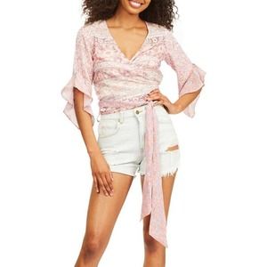 Billabong Flower Crop Top Pink Wrap Boho Beach Ruffle Surfer‎ Blouse Sz Large